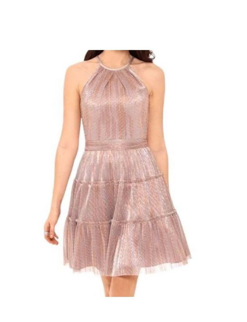 NWT Xscape Rose Gold Metallic Tiered Halter Cocktail Dress Size 8